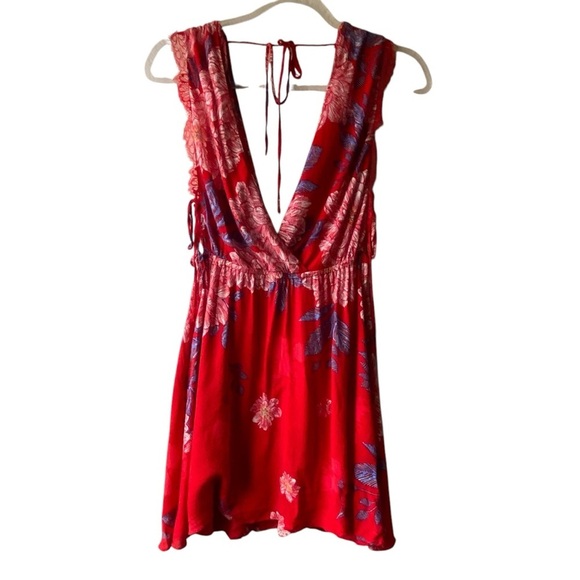Free People Intimately Marnie Red Floral Backless Mini V-Neck Sundress SZ S - Picture 3 of 8